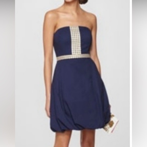 Lilly Pulitzer navy Regency bubble strapless dress with gold  accent. Size 00 - Picture 1 of 13